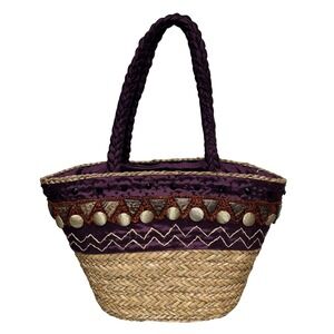 Sun N Sand Straw Tote Bag Purple Beaded Embellished Braided Handle